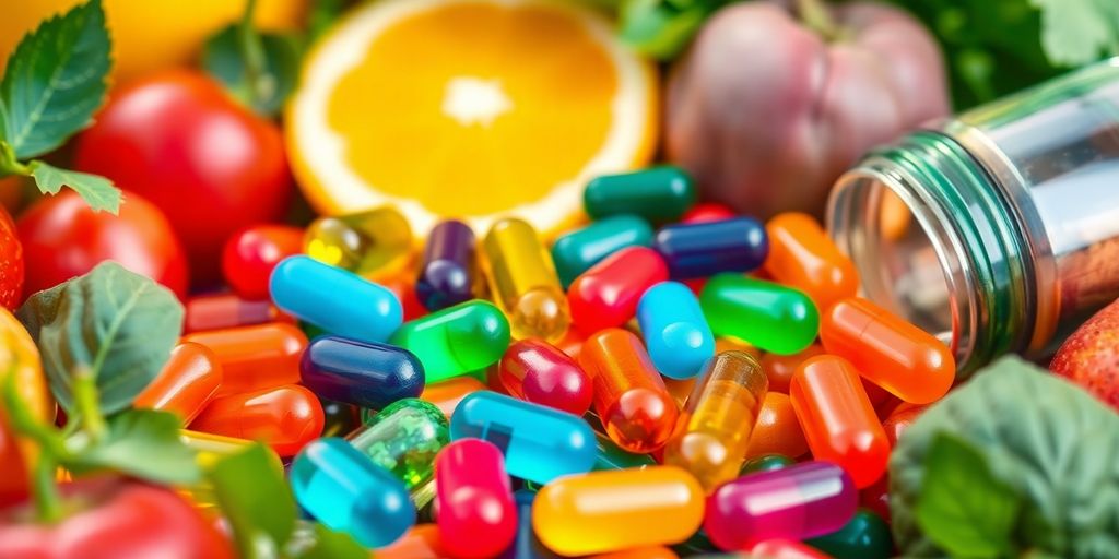 Colorful tablets with fresh produce for immunity boosting.