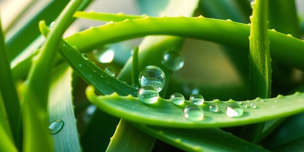 Aloe vera leaves with water droplets on glowing skin.