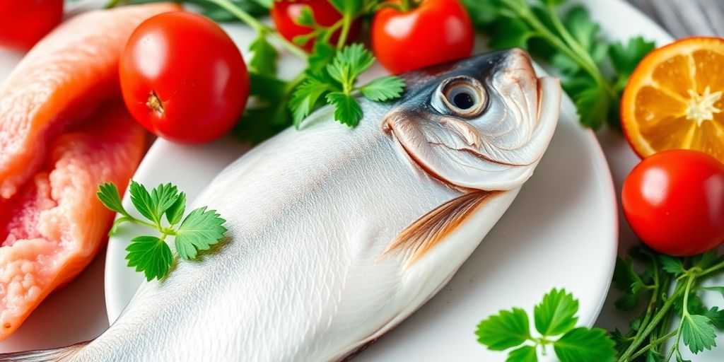 Close-up of fish and herbs on a heart-shaped plate.