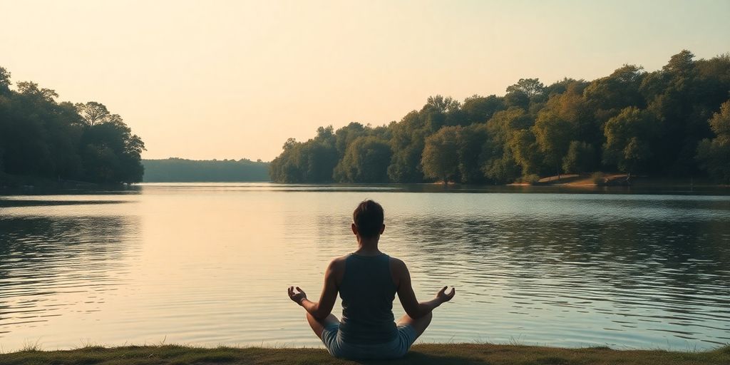 Person meditating by a tranquil lake in nature.