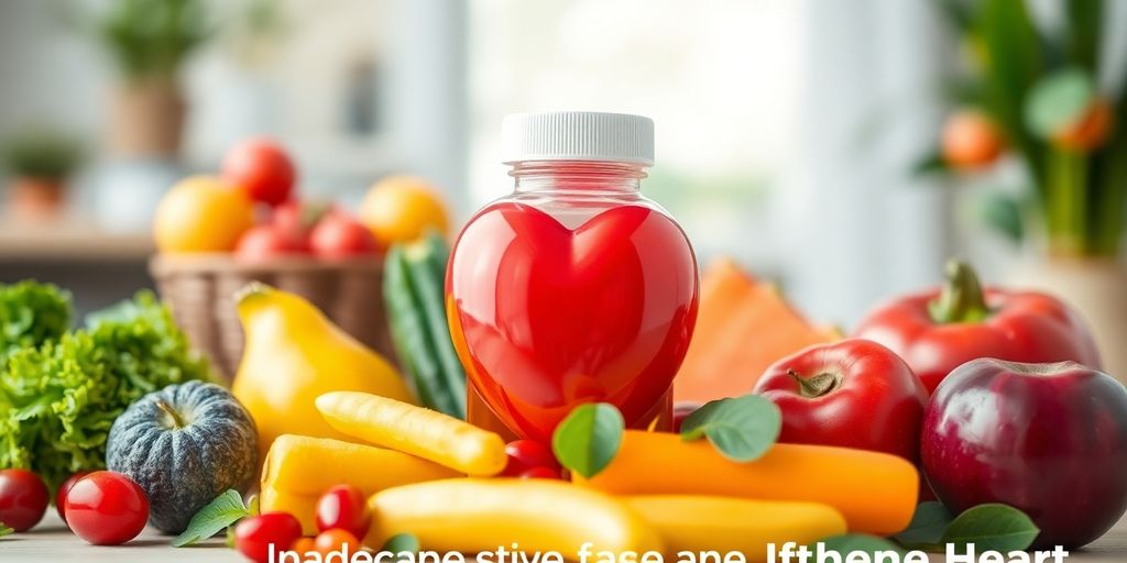 Heart-shaped supplement bottle with fruits and vegetables.