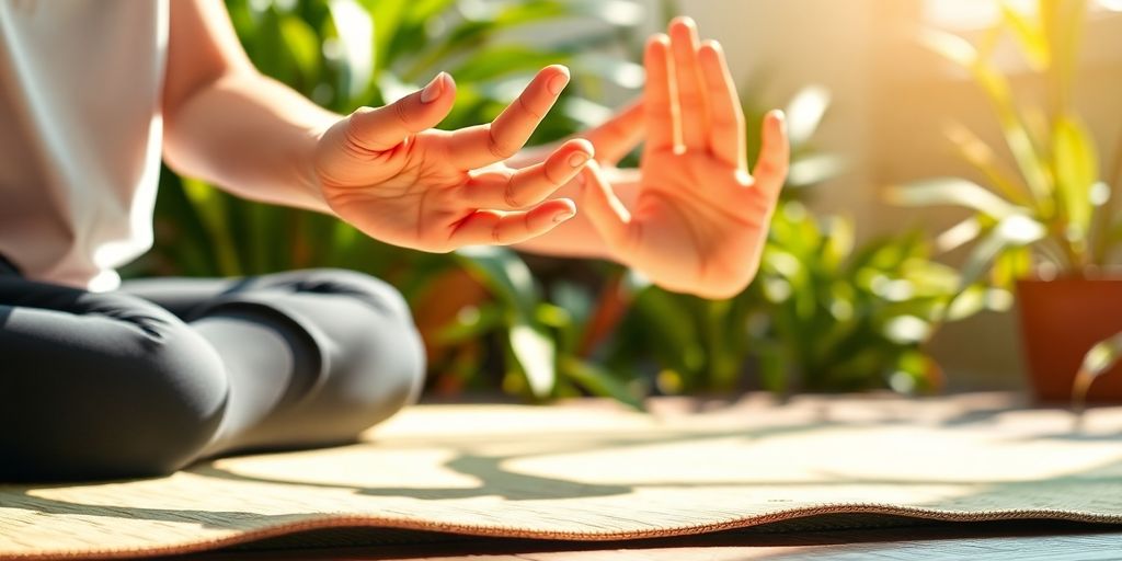 Yoga stretches on a mat with natural elements around.
