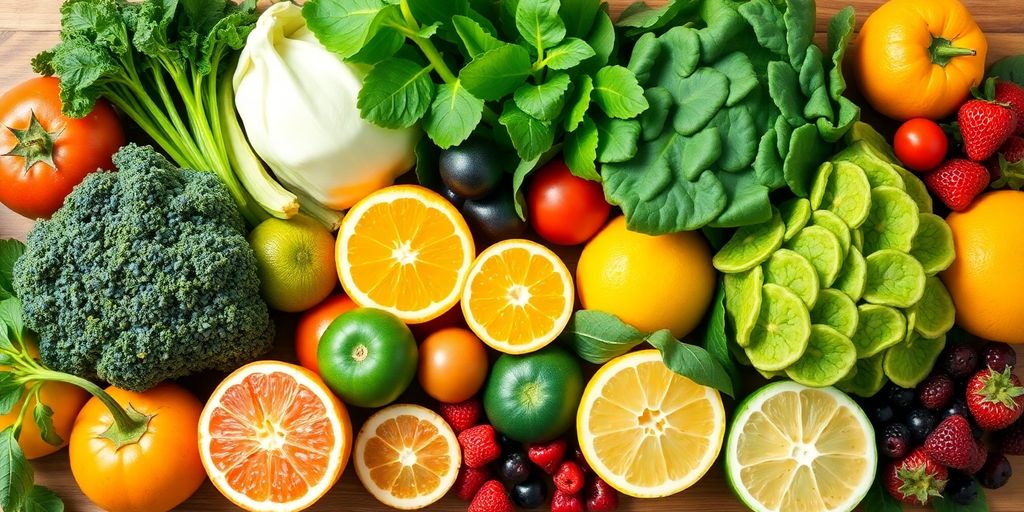 Colorful fruits and vegetables for heart health and vitamins.