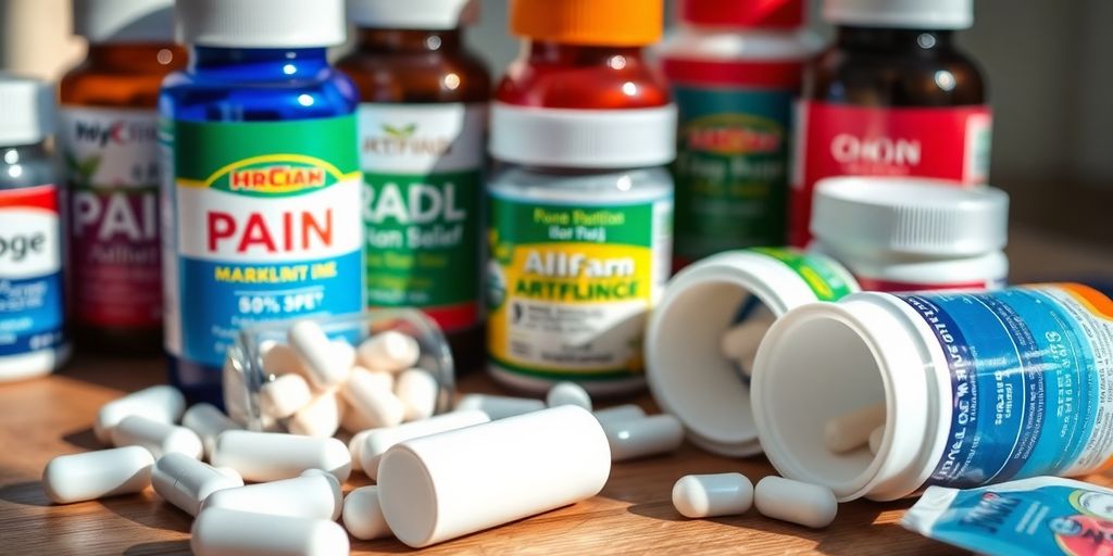Close-up of pain relievers for arthritis on wooden surface.