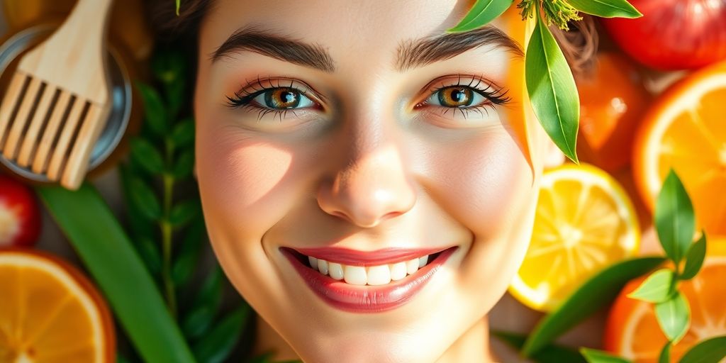 Woman with glowing skin surrounded by natural skincare ingredients.