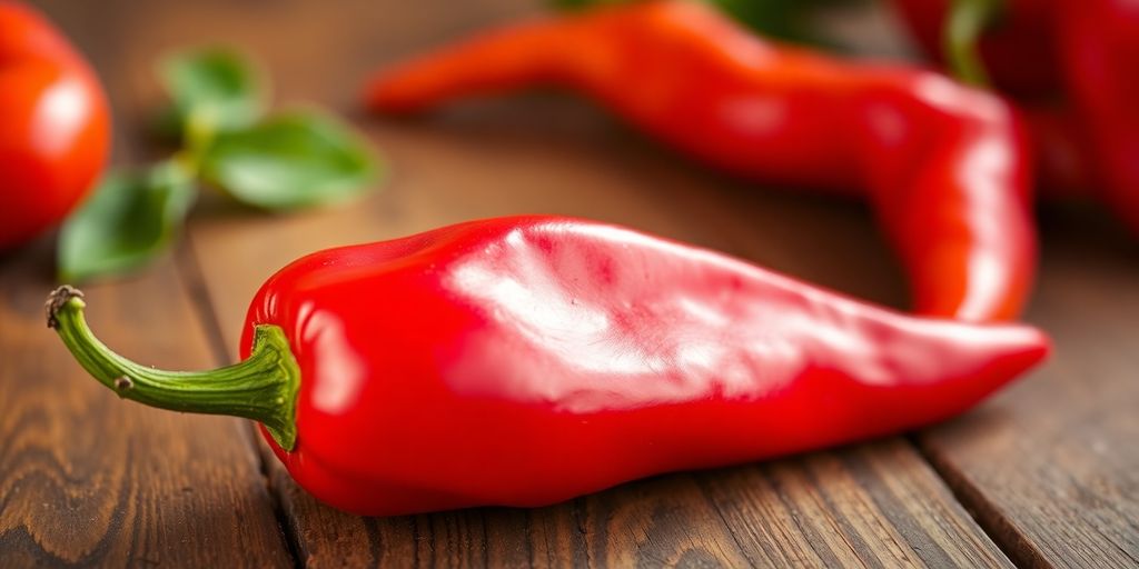 A red chili pepper on a wooden table.