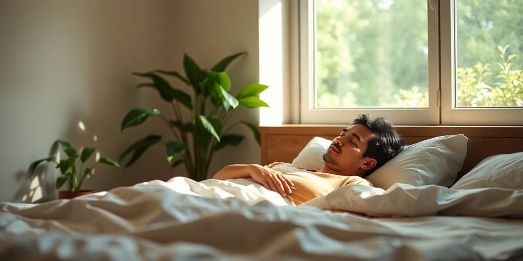 Healthy adult sleeping in bed, surrounded by nature.