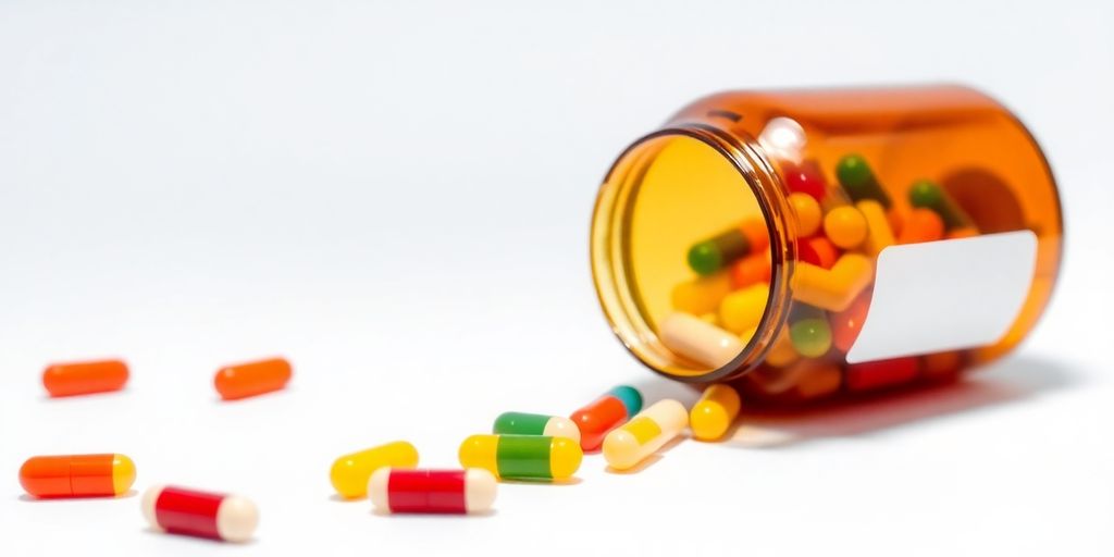 Multivitamin bottle and pills on a clean surface.