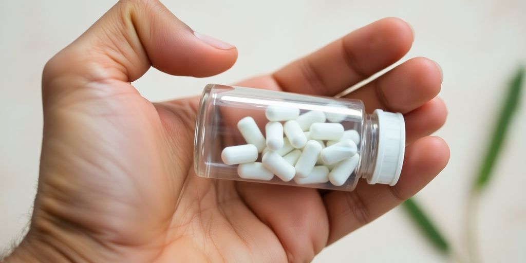 Male hand holding hormone balance pills.