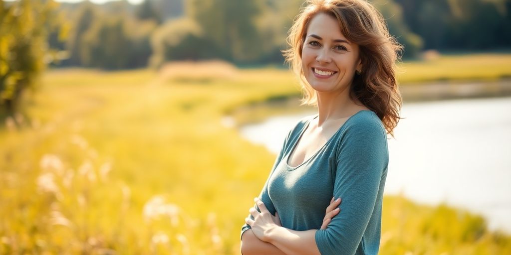 Woman in nature, balanced and radiant.