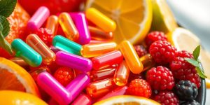 Colorful vitamins next to fresh fruit.
