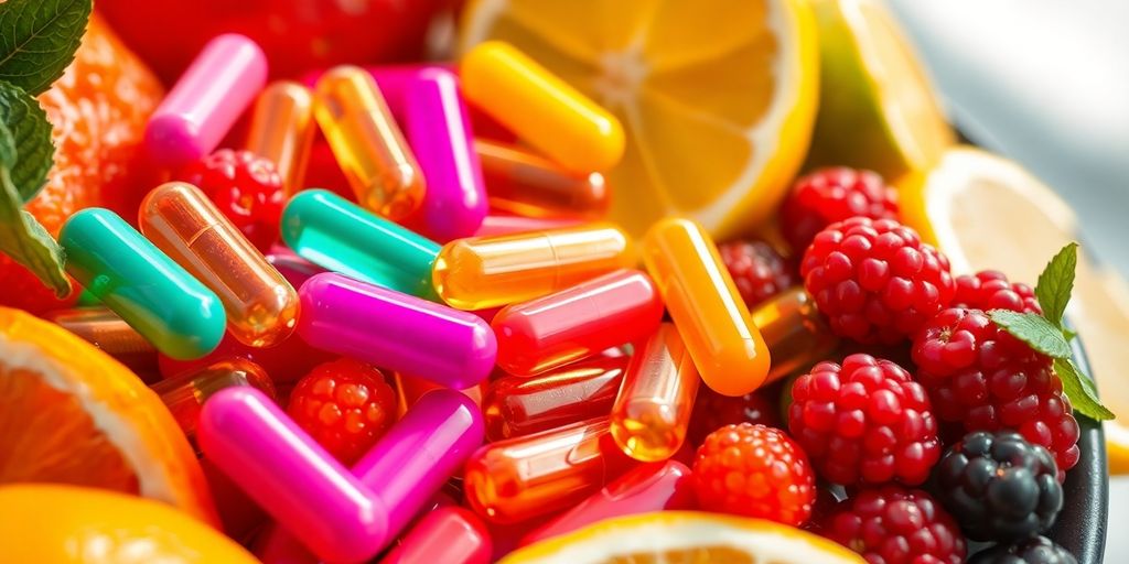 Colorful vitamins next to fresh fruit.
