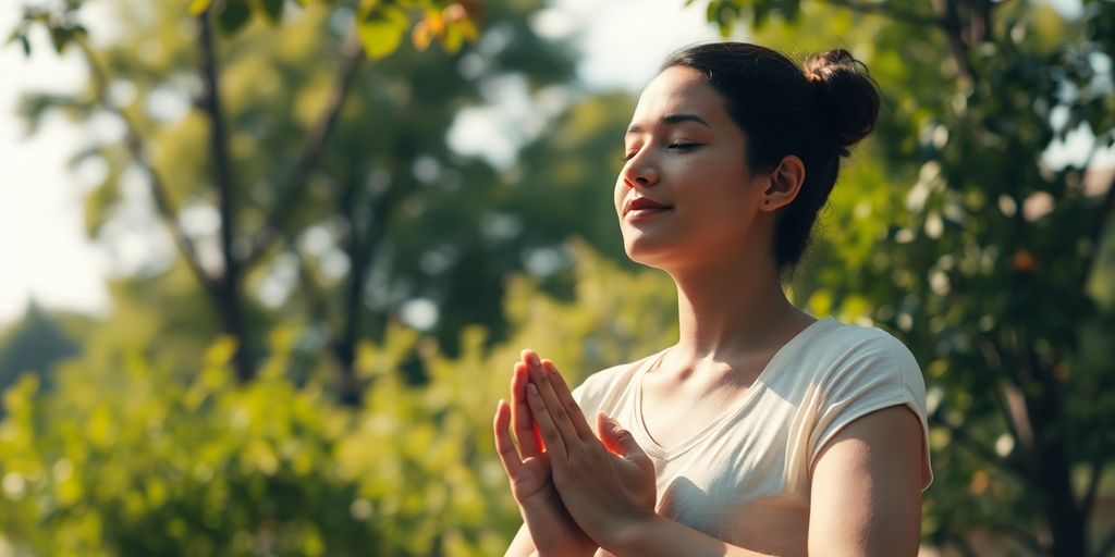 Calm person meditating outdoors, serene nature background.