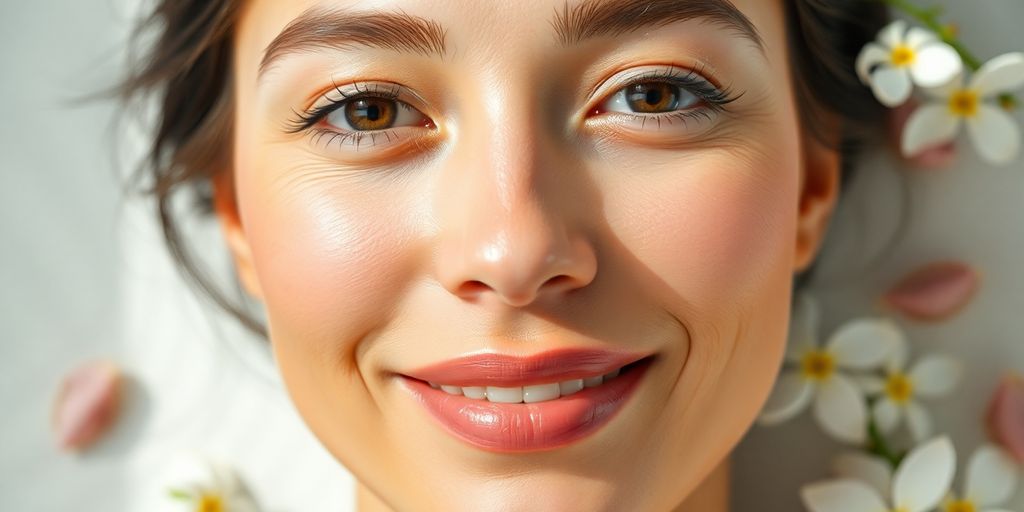 A woman's face glowing with healthy skin.