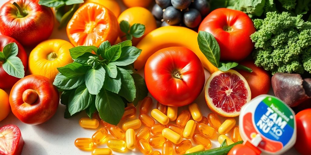 Colorful fruits, vegetables, vitamin supplements.