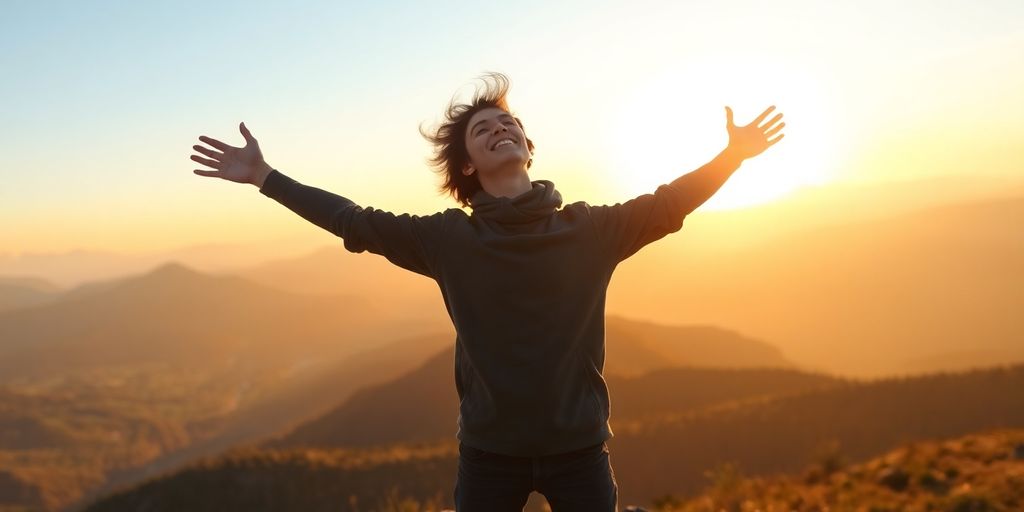 Relieved person stretching on a scenic mountain.