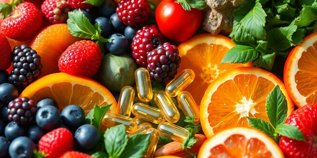 Vibrant fruits, vegetables, glowing supplements.