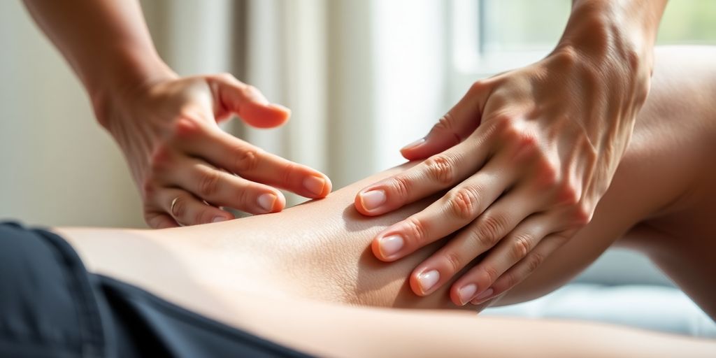 Person massaging calf muscle with hands.