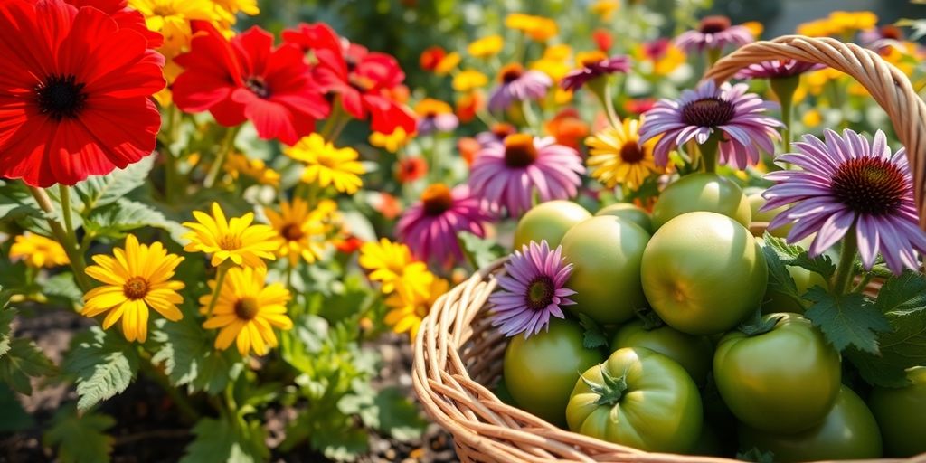 Lush summer garden with vibrant flowers and vegetables.