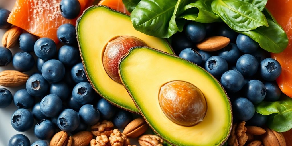 Colorful brain-boosting foods, bright, appealing