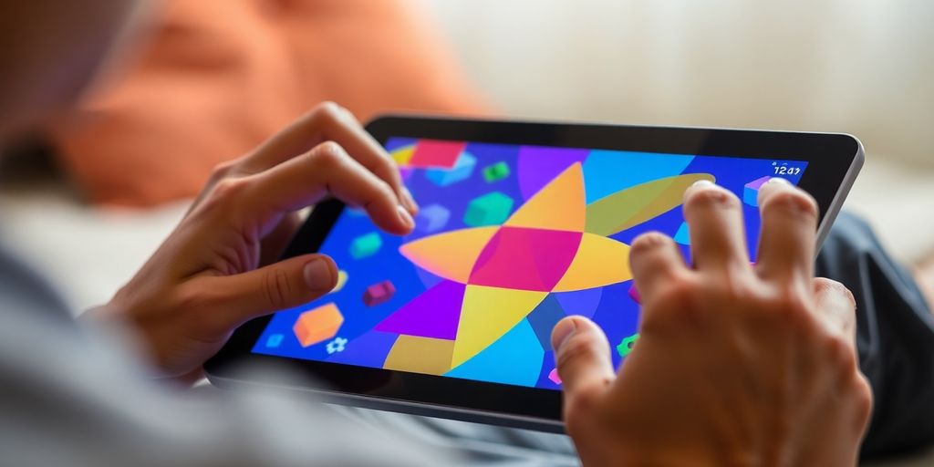 A person playing a colorful brain-training game.