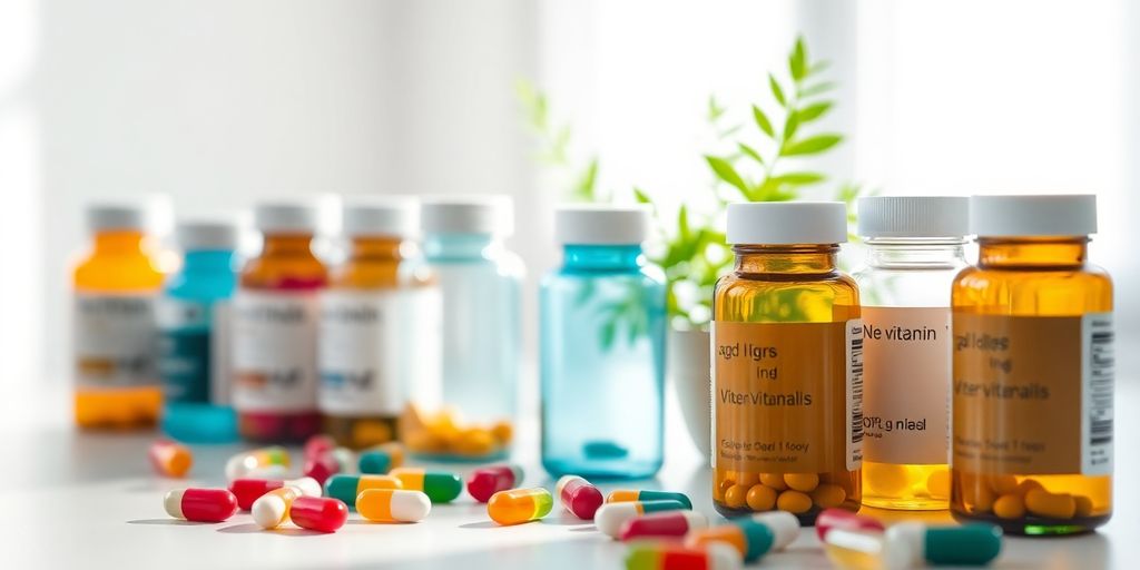 Colorful vitamins in a serene setting.