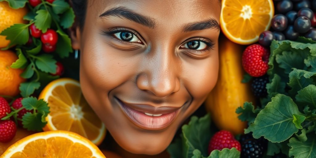 Person smiling with vibrant fruits and vegetables.