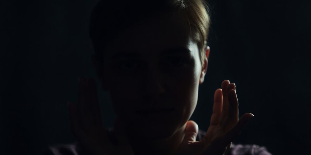 Person with glowing head, hands framing, dark background.