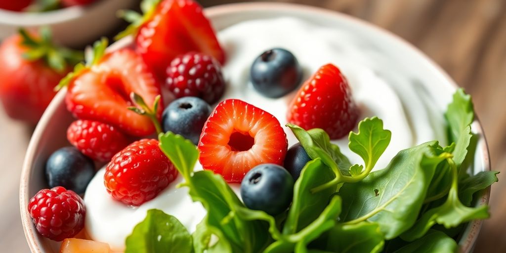 Vibrant bowl of gut-healing foods: berries, yogurt, and leafy greens.