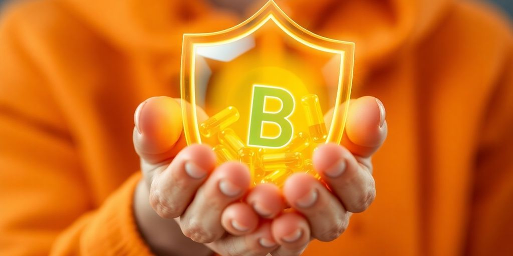 Person holding vitamin B pills near a shield.