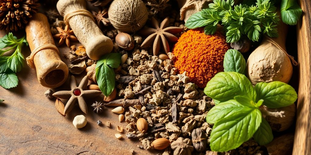 Healing herbs and spices on wooden table