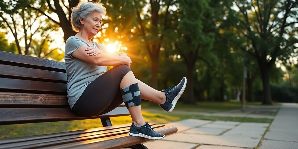 Older woman stretching knee outdoors in bright sunny morning park