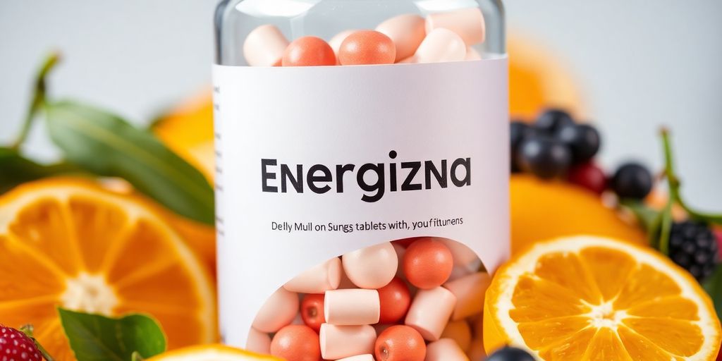 Bottle of energy and immunity tablets with vibrant fruits.