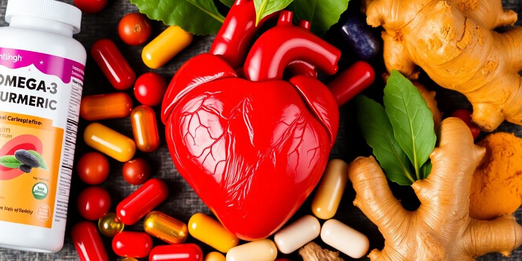 Heart with healthy supplements surrounding it.