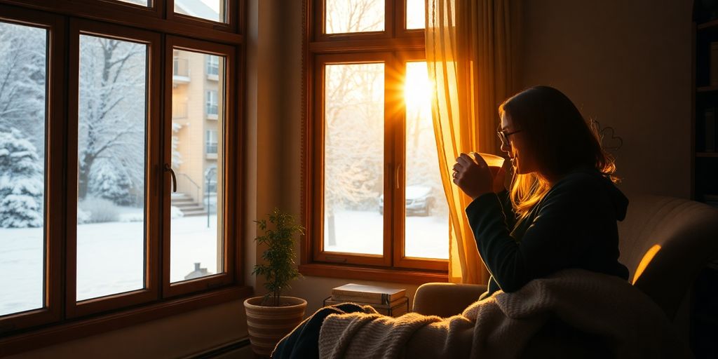 Person enjoying a warm drink by a snowy window.