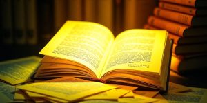Stack of open books with glowing light.