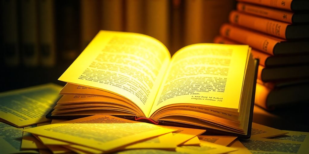 Stack of open books with glowing light.