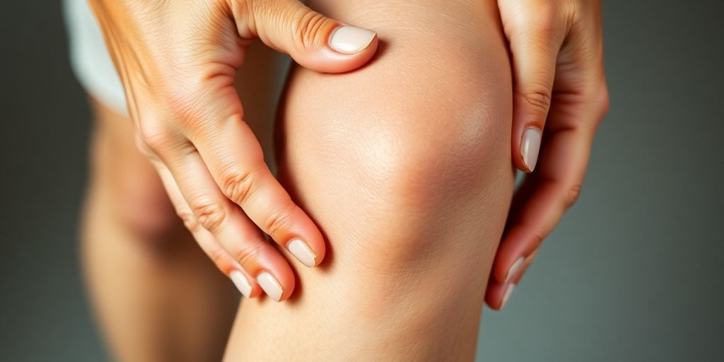 Arthritic knee with hands gently supporting it.