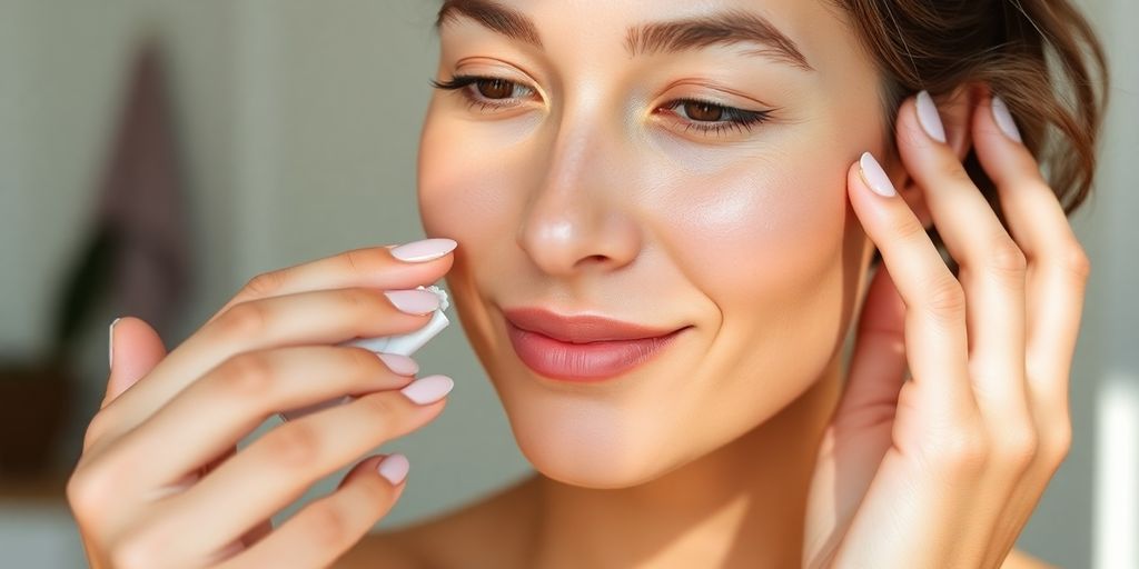 Woman applying serum to radiant facial skin.
