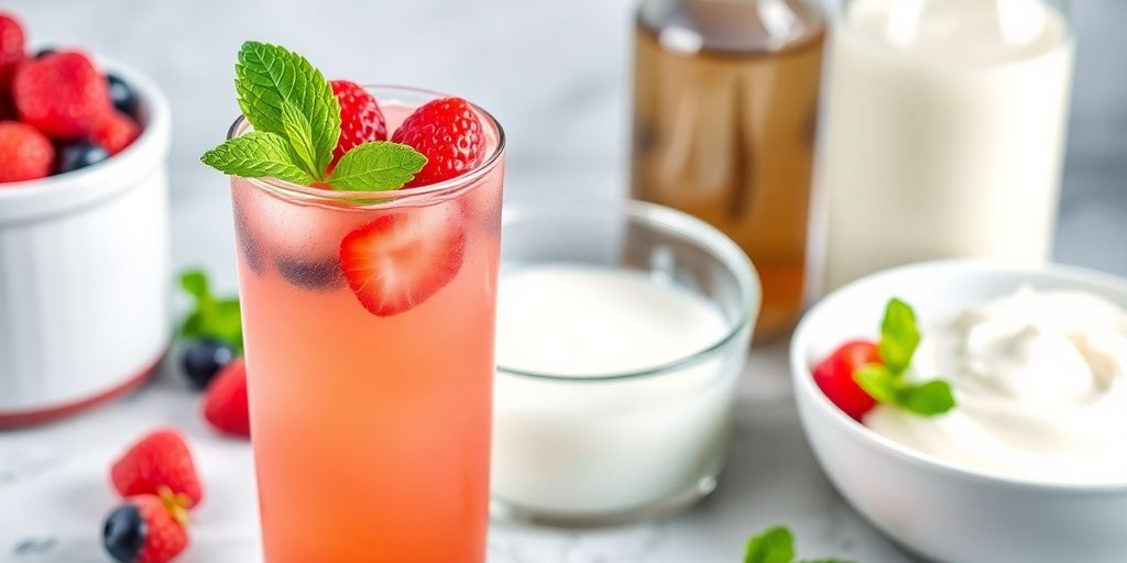 Glass of kombucha with fresh berries and mint.