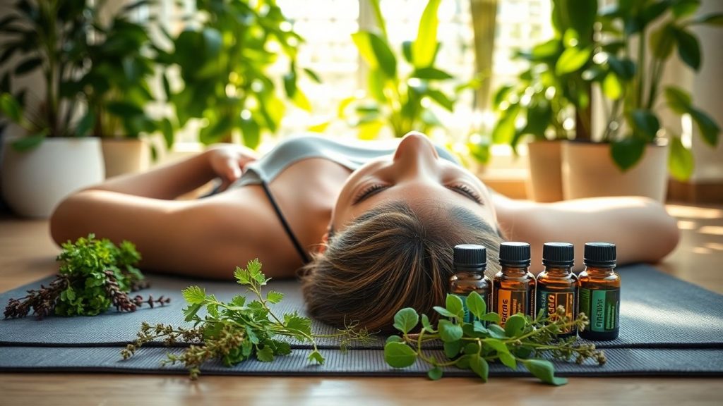 Person on yoga mat with herbs and essential oils nearby.
