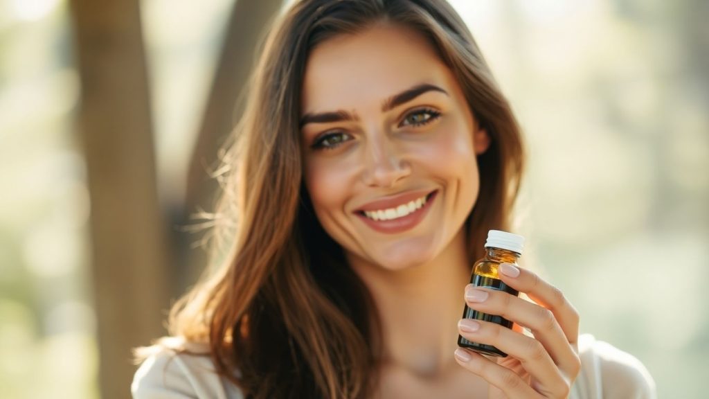 Woman holding herbal supplement bottle