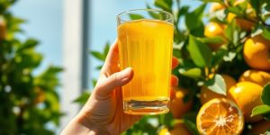 Person holding golden liquid with fruits and leaves