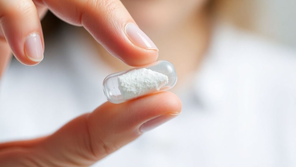 Hand holding a clear capsule with white powder.