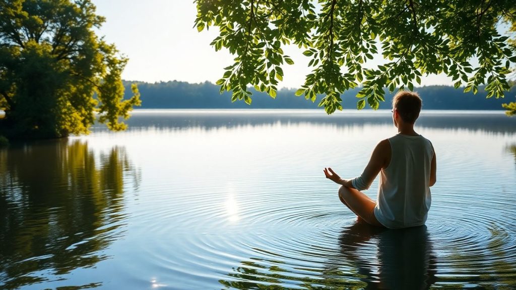 Person meditating outdoors by a calm lake.