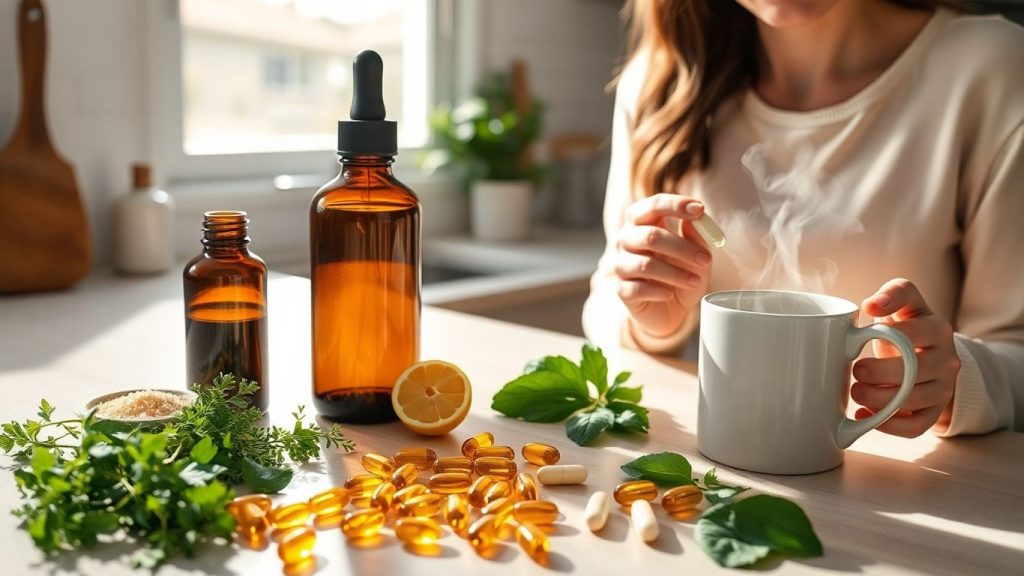 Woman reaching for supplements on sunlit kitchen counter with herbs.