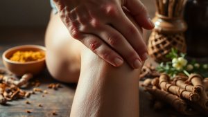 Person massaging knee with Chinese herbs
