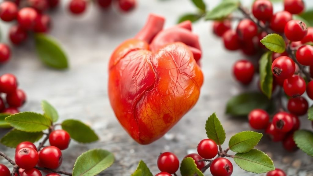 Healthy heart surrounded by berries and leaves.