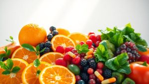 Vitamins and healthy foods for immune support.