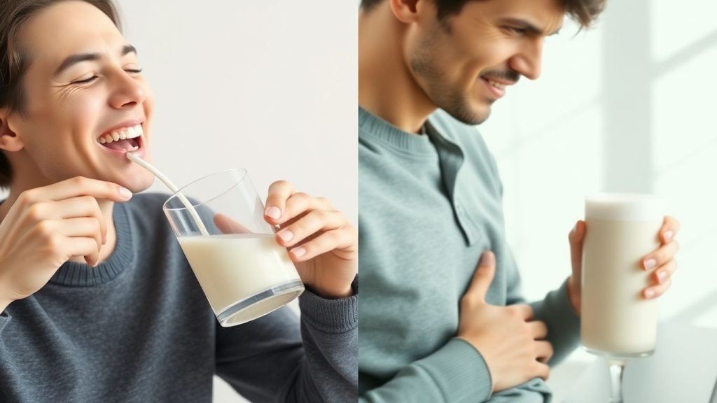 Person enjoying milk versus person with stomach ache near milk.